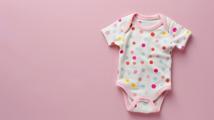 Cute polka dot baby body suit layout on a pastel pink background