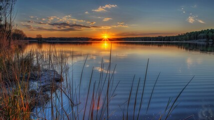 Obraz premium Stunning sunset over a calm lake with the sky displaying vibrant orange and blue hues