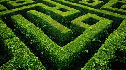 Lush green maze captured from above, highlighting intricate hedge patterns and foliage