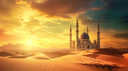Beautiful mosque in sandy desert sunset view