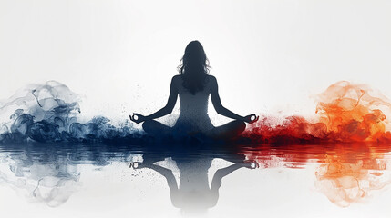a silhouette image of a woman practicing yoga position in white background and empty copy space    