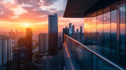 A high-rise apartment balcony with a stunning cityscape view, taken during sunset.