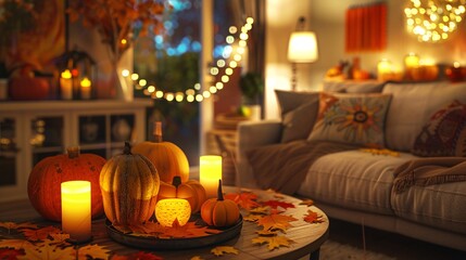 Obraz premium A home decorated for autumn with pumpkins, colorful foliage, and warm lighting.