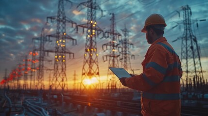 electrical engineers work with tablet laptop computer. tower voltage sun. silhouette engineer work. vutouristic development concept tower energy. wet mains voltage. architect investor construction