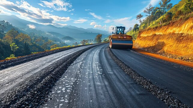 Road roller, upgrading and improving large asphalt roads.