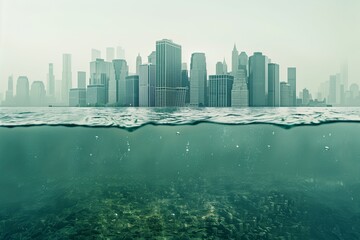 Obraz premium City Skyline Partially Submerged in Water.