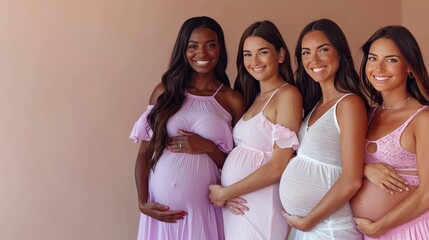 Four beautiful pregnant women with different skin tones in casual clothing smile at the camera. They are in their third trimester and have prominent baby bumps, standing against a solid background