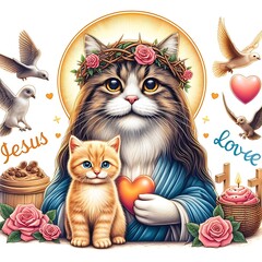 A cat design drawing graphic holding a heart and a cat design drawing graphic with birds and flowers eyecatching creative Illustrative.