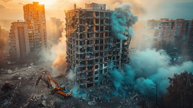 Buildings being demolished With excavators and dump trucks building demolition concept.