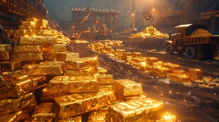 Mountain of gold bars in a mining field During the day, there are cranes and trucks in the background, all golden and bright.