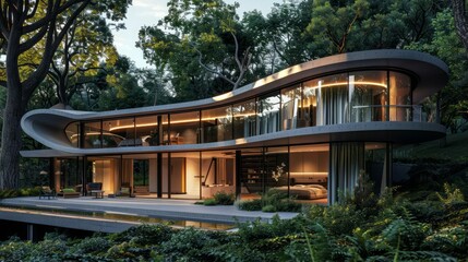 Modern architectural masterpiece surrounded by a tranquil zen garden at dusk.