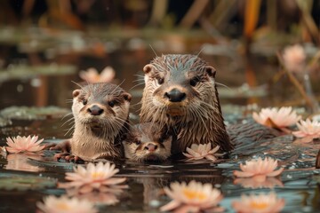 Fototapeta premium A family of otters floating on their backs in a calm river, holding hands to stay together. They are surrounded by water lilies and reeds 