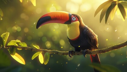Obraz premium A colorful toucan perched on a branch in a lush, sunlit rainforest, surrounded by green leaves and a golden glow.