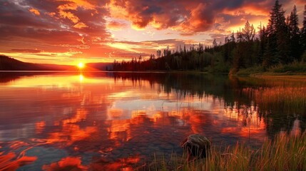 Lake shore landscape at sunset nature wallpaper design