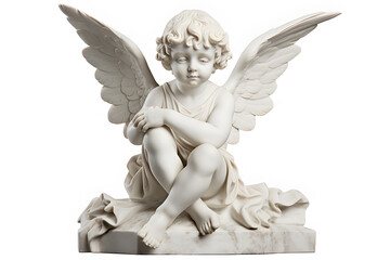 White marble statue of sitting cherub, isolated on white background