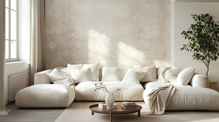 A spacious living room with an oversized, plush sofa in shades of cream and beige, surrounded by soft pillows and a large coffee table. The walls feature subtle patterns reminiscent of linen or cotton