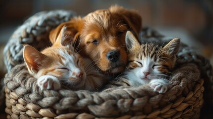 Puppies and kittens curled up together in a basket curled up together having fun