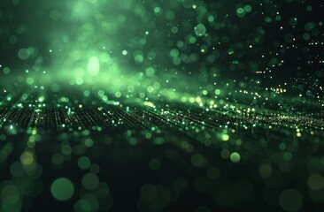 A glowing green light shines on the dark background, creating an atmosphere of digital technology and mystery