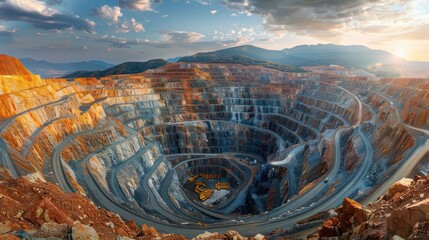 A panorama of a mining operation with a prominent pile of gold bars in the center.