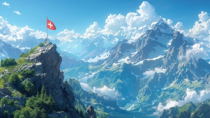 Mountaintop view with the Swiss flag rising against the Alps.