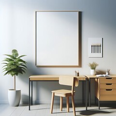 A desk and chair with a picture frame decoration on the wall.