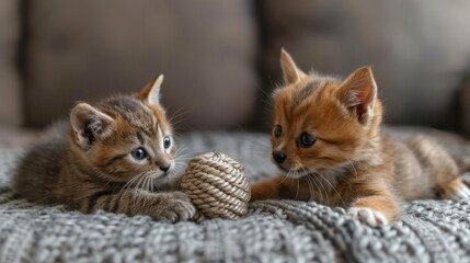 Fototapeta premium Two kittens share a chew toy together. Each trying to pull it apart.