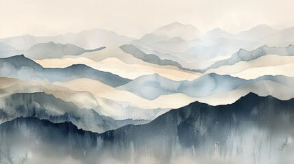 Misty mountains pierce a blue sky with wispy clouds above