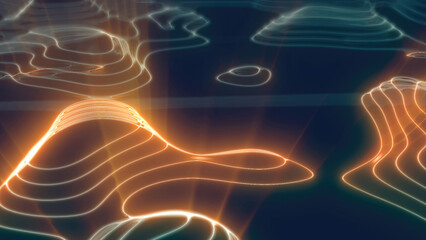 Yellow orange looped futuristic hi-tech landscape with mountains and canyons from glowing energy circles and magic lines. Abstract background