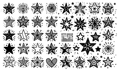 stars drawn in doodle style black vector silhouette sketch, decorative no color shape on tansparent background, outline separate simple illustration print, laser cutting and engraving