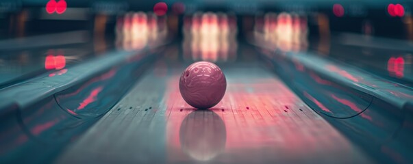 Close-up of a bowling ball on an empty lane with pins blurred in the background, illuminated by colorful lights. Perfect for sports and entertainment themes.