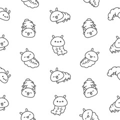 Cute kawaii caterpillar. Seamless pattern. Coloring Page. Cartoon little insect characters. Hand drawn style. Vector drawing. Design ornaments.