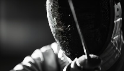 A black-and-white image of a fencer, dressed in protective gear and holding a sword.