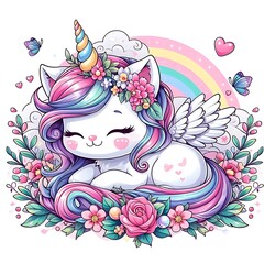 A cartoon of a unicorn with flowers and rainbow realistic highquality.