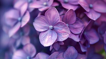 A close-up of delicate purple hydrangeas blossoms, their petals gently swaying in the breeze. The soft focus and the vibrant colors make for an enchanting wallpaper