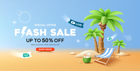Fototapeta premium Summer flash sale, coconut trees, beach chair, banner design, on sand beach and blue background, EPS 10 vector illustration 