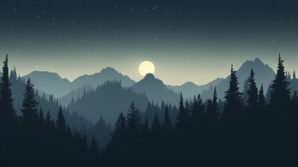 Illustration of a forest and mountains under a night sky, in a simple vector style with dark blue tones against a grey background, in a minimalistic style