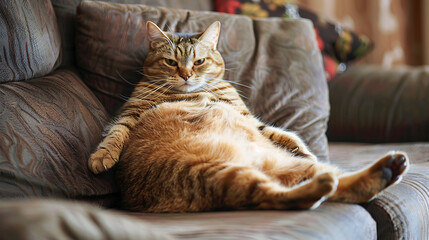 Super fat and lazy cat, sitting on the couch. Generative AI illustration 
