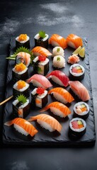 An elegant sushi presentation featuring an assortment of rolls with vibrant toppings, fresh fish, and a bowl of spicy dipping sauce, all displayed on a black slate board