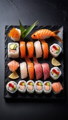 A beautifully arranged sushi platter with a variety of colorful rolls, including salmon, tuna, and vegetable maki, served with a side of dipping sauce on a sleek black slate