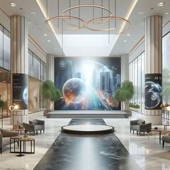 A commercial center space interior room with a large screen and a large wall Vibrant.
