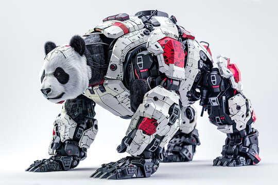 A robotic panda with intricate mechanical details, red accents on white background. Wildlife Animals. World of the future.