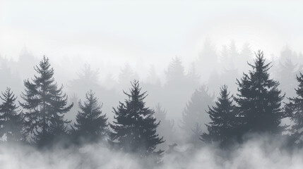 Obraz premium Abstract foggy forest landscape with pine trees. Forest background. Nature concept. Abstract white and grey forest. Flat lay, top view. Wide banner for text or design.
