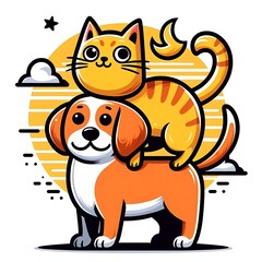 A cat design drawing graphic and dog design drawing graphic with a sun behind them eyecatching unique engaging Vibrant.
