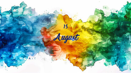 Colorful abstract watercolor design commemorating 15 August with splashes of blue, green, yellow, and red, representing a festive and artistic celebration