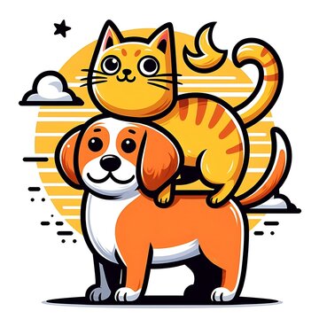 recommend clip art: A cat design drawing graphic and dog design drawing graphic with a sun behind them eyecatching unique engaging Vibrant.