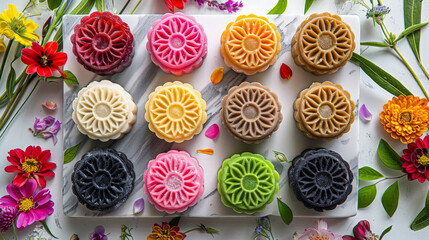 Flat design of snow skin moon cakes