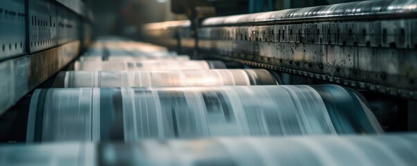 Close-up of newspaper printing press in action, producing fresh newspapers at high speed. Industrial printing concept in a factory setting.