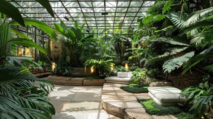 indoor botanical garden with a glass ceiling, tropical plants, and a small seating area for a nature-infused relaxation spot