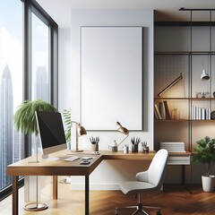 A desk with A chair and poster mockup with poster empty white in working home and A chair and poster mockup in a room with windows unique engaging creative.