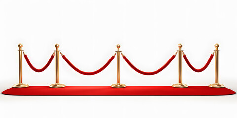 Red carpet and golden barriers front view isolated fence on white background